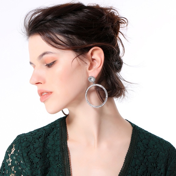 Ella Etc Silver Tone Sparkly Hoop Earrings | 3” Statement Crystal Dangle - Picture 5 of 11